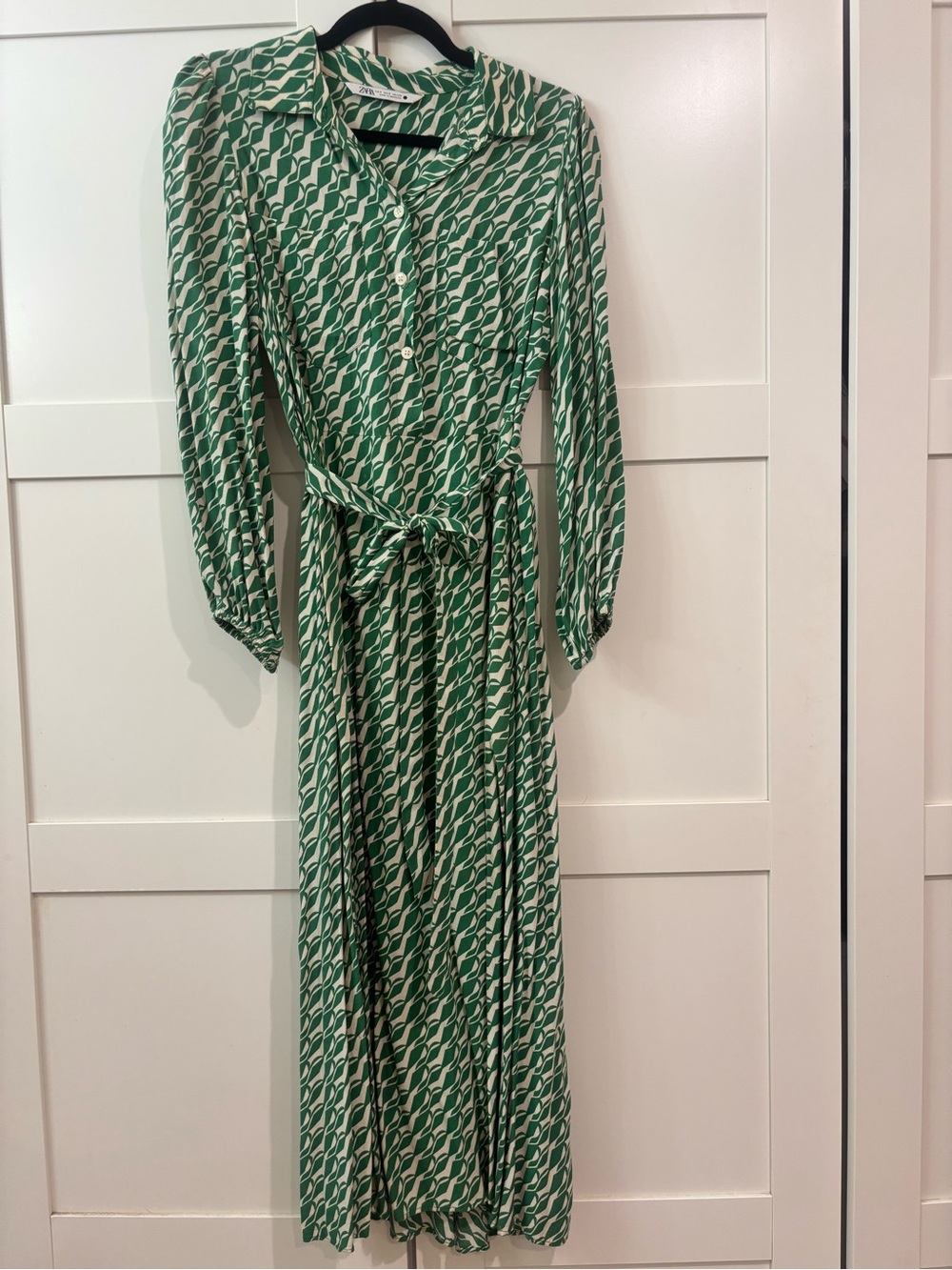 Zara DVF Green Patterned Long Sleeve Shirt Dress with Tie Waist, S
